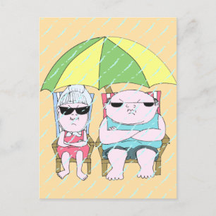 Funny Grumpy Couple at the Beach in Rain Art Postcard