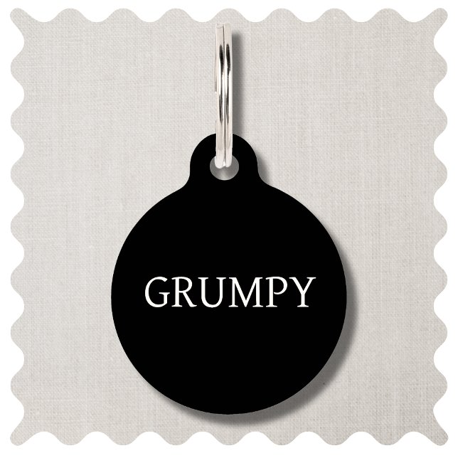 Funny Grumpy Custom Dog Round Pet Tag (Funny Grumpy Dog ID TAG in Modern Black Style. )