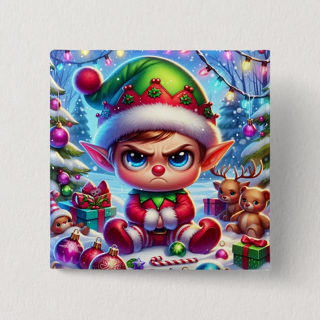 Funny Grumpy Elf Christmas 2 Inch Square Button (Front)