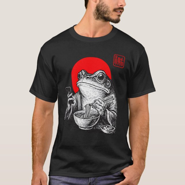 Funny Grumpy Frog Eat Ramen and Scroll Phone Art T-Shirt (Front)