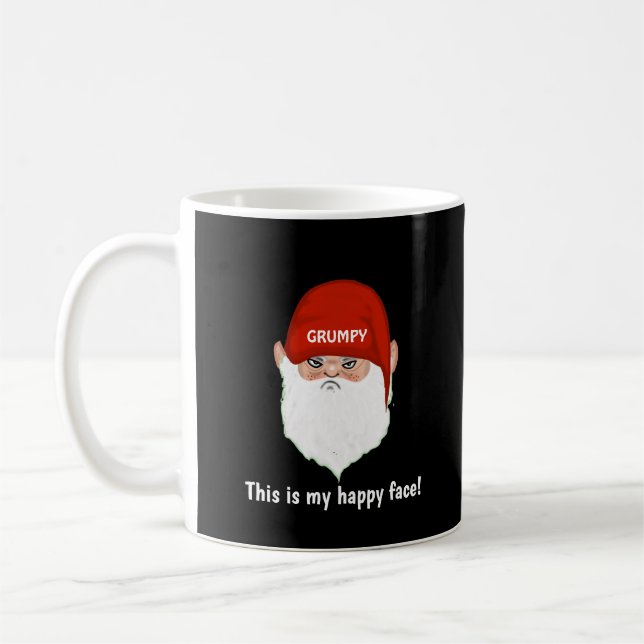 Funny Grumpy Gnome Face on Black Coffee Mug (Left)