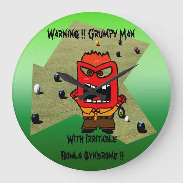 Funny Grumpy Man Lawn Bowls Design, Large Clock (Front)