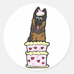 Funny Guard dog jumping out of a cake Classic Round Sticker