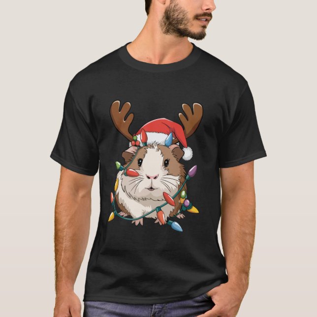 Funny Guinea Pig Christmas Reindeer Christmas Ligh T-Shirt (Front)