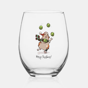 Funny Guinea Pig Merry Christmas! Juggling Cartoon Stemless Wine Glass