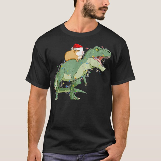 Funny Guinea Pig Riding Christmas Light T Rex Dino T-Shirt (Front)