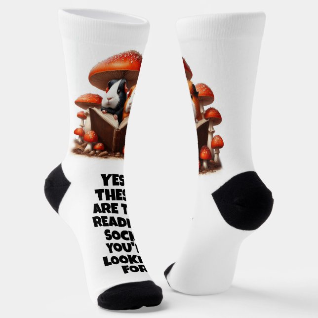 Funny Guinea Pigs Reading Under Red Mushrooms Socks (Angled)