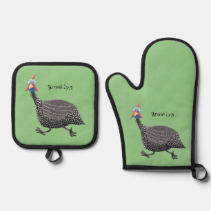 Funny Guineafowl bird cartoon illustration Oven Mitt & Pot Holder Set
