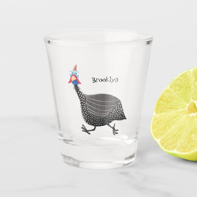 Funny Guineafowl bird cartoon illustration Shot Glass (Front)