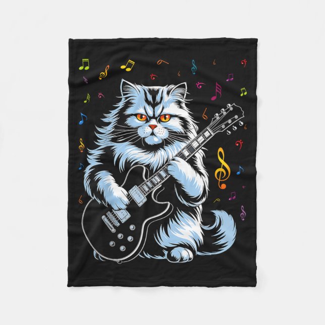 Funny Guitar Cat Rock Playing Fleece Blanket (Front)