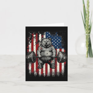 Funny Gym Bear Weightlifting Vintage USA Flag Card