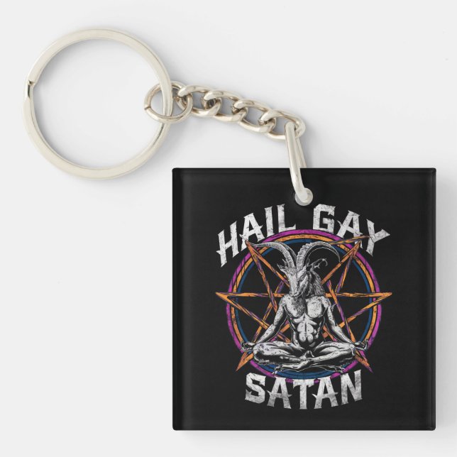 Funny Hail Gay Satan LGBT Goth Gay Pride Baphomet Keychain (Front)