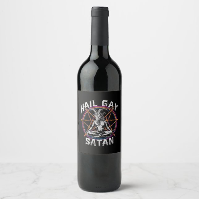 Funny Hail Gay Satan LGBT Goth Gay Pride Baphomet Wine Label (Front)