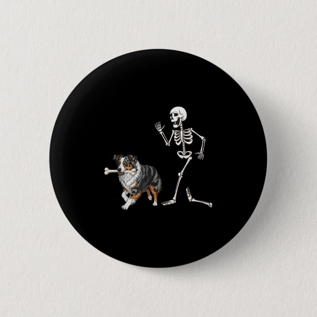 Funny Halloween Australian Shepherd And Skeleton  2 Inch Round Button (Front)