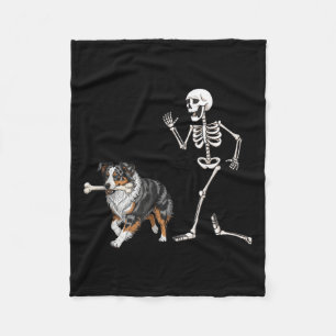 Funny Halloween Australian Shepherd And Skeleton  Fleece Blanket