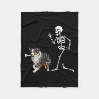 Funny Halloween Australian Shepherd And Skeleton Fleece Blanket