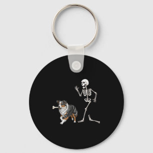 Funny Halloween Australian Shepherd And Skeleton  Keychain