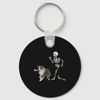 Funny Halloween Australian Shepherd And Skeleton Keychain