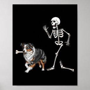 Funny Halloween Australian Shepherd And Skeleton  Poster