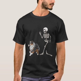 Funny Halloween Australian Shepherd And Skeleton T-Shirt