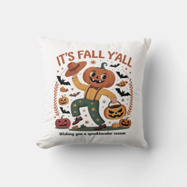 Funny Halloween Autumn Cute It’s Fall Y’all Pumpki Throw Pillow (Front)