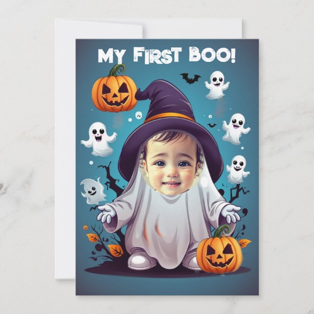 Funny Halloween baby ghost put face in the hole Invitation (Front)