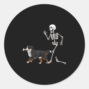 Funny Halloween Bernese Mountain Dog And Skeleton  Classic Round Sticker