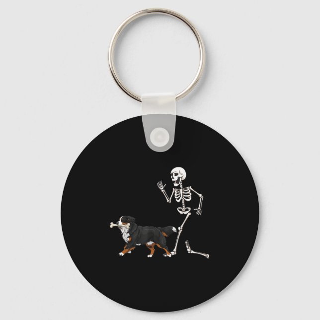 Funny Halloween Bernese Mountain Dog And Skeleton  Keychain (Front)