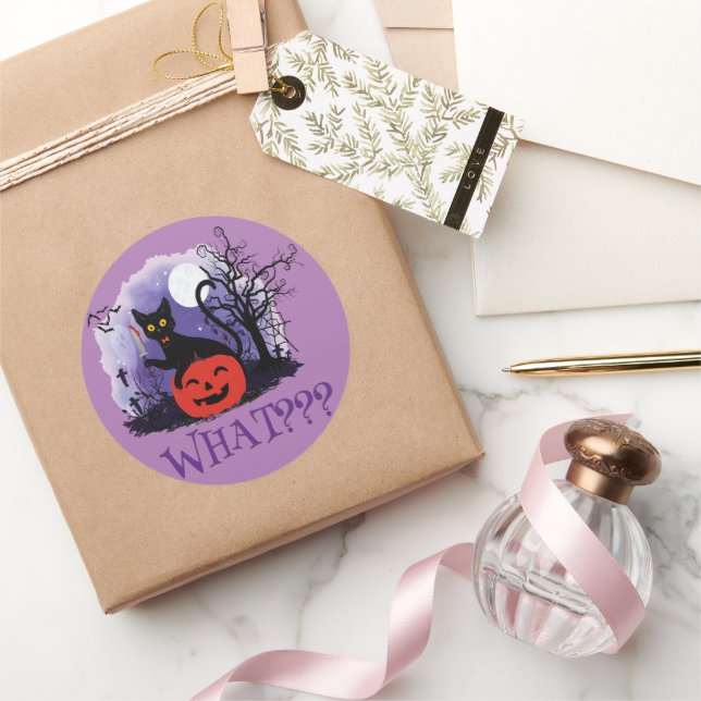 Funny Halloween Bewitched Black Cat What? Classic Round Sticker (Gifting)