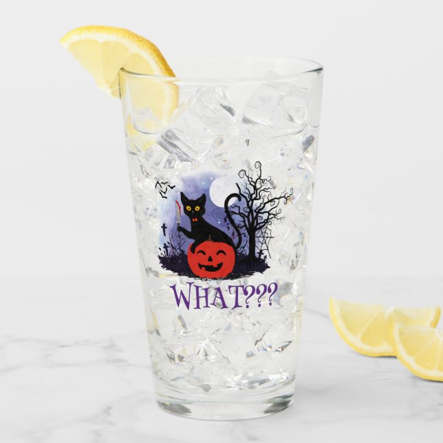 Funny Halloween Bewitched Black Cat What? Glass (Front Ice)