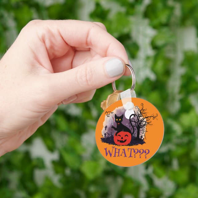 Funny Halloween Bewitched Black Cat What? Keychain (Hand)