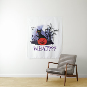 Funny Halloween Bewitched Black Cat What? Tapestry