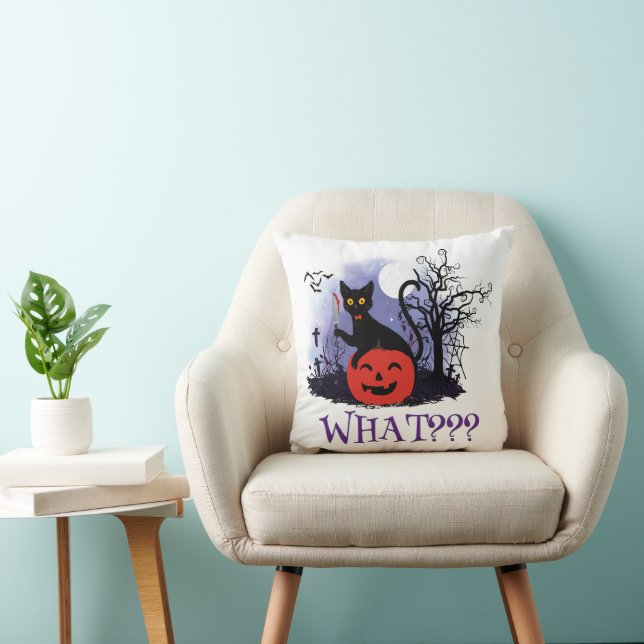 Funny Halloween Bewitched Black Cat What? Throw Pillow (Chair)