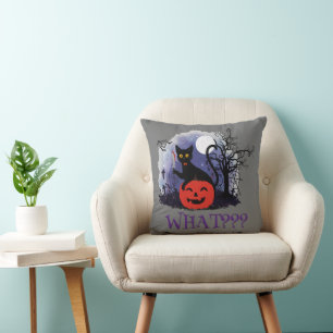 Funny Halloween Bewitched Black Cat What? Throw Pillow