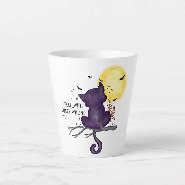 Funny Halloween Black Cat and Magical Moon Latte Mug (Front)