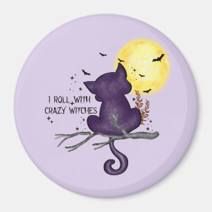 Funny Halloween Black Cat and Magical Moon Magnet