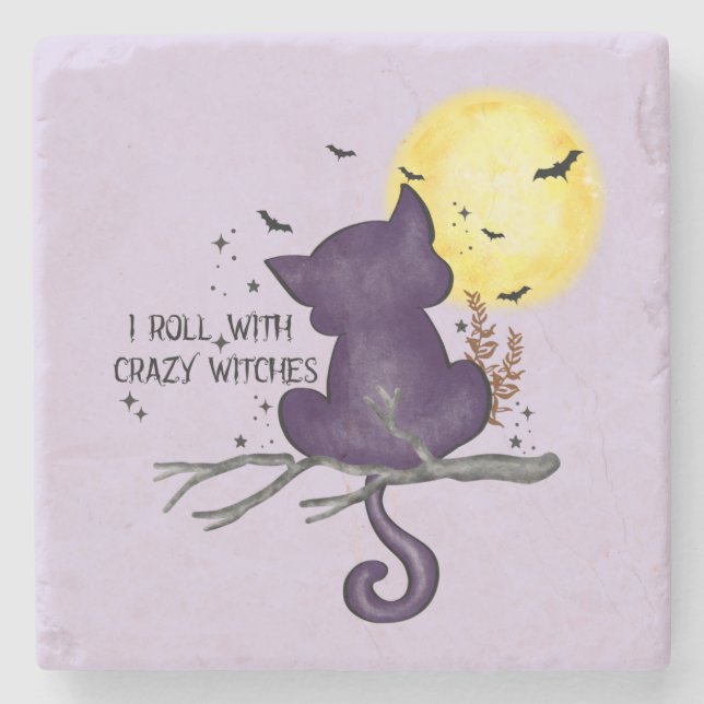 Funny Halloween Black Cat and Magical Moon Stone Coaster (Front)