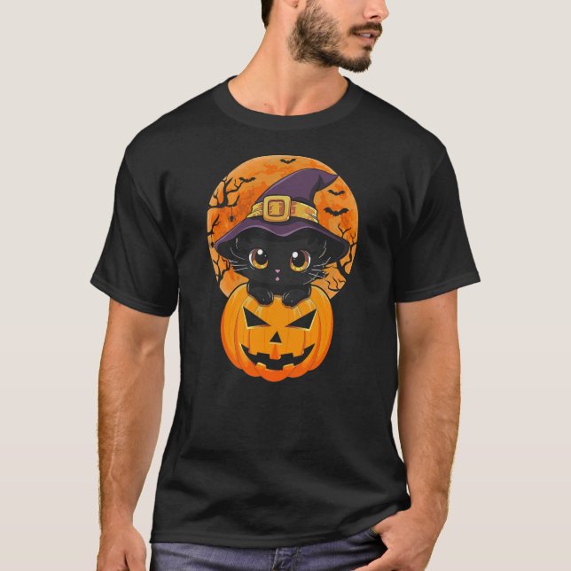 Funny Halloween Black Cat Pumpkin Witch Hat Moon C T-Shirt (Front)