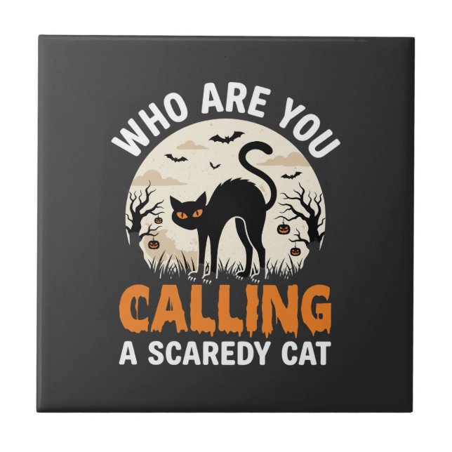 Funny Halloween Black Cat Scaredy Cat Vector Desig Tile (Front)