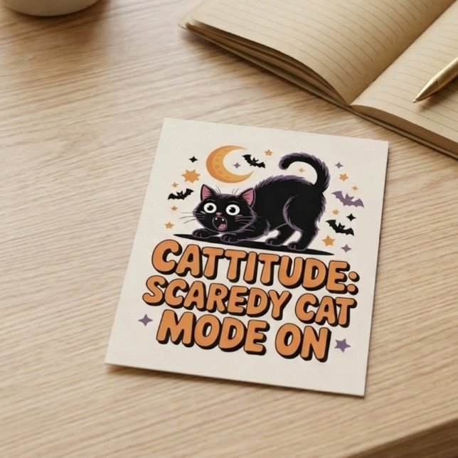 Funny Halloween Black Cat Scaredy Mode On Postcard (cattitude postcard 1)