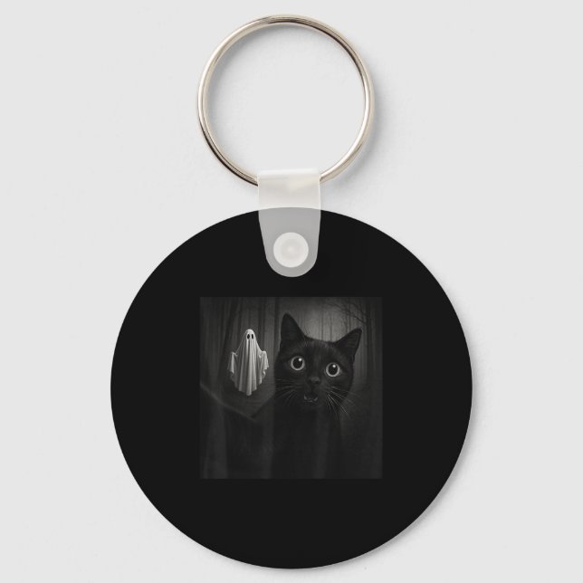 Funny Halloween Black Cat Selfie With Soky Ghost C Keychain (Front)