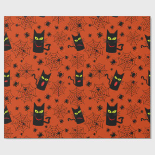 Funny halloween black cat with spider  wrapping paper