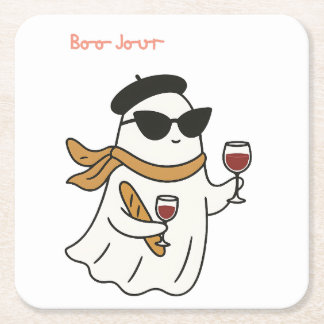 Funny Halloween Boo Jour Trick or Treat Square Paper Coaster