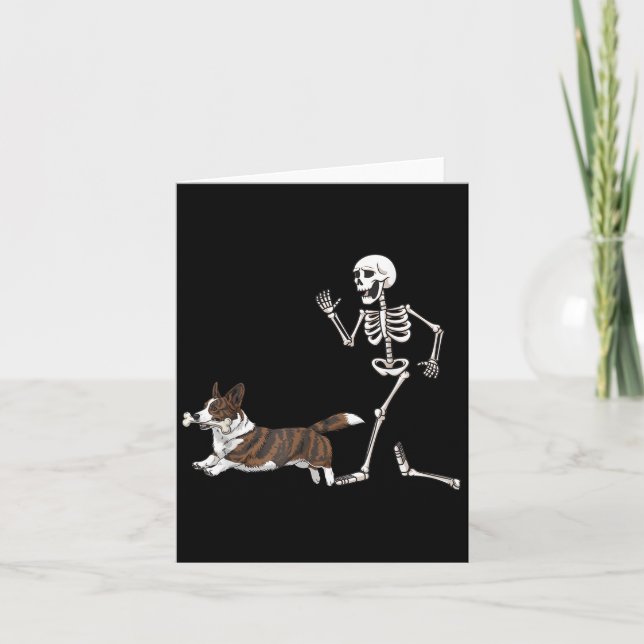 Funny Halloween Cardigan Welsh Corgi And Skeleton  Card (Front)