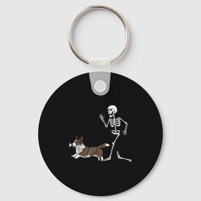 Funny Halloween Cardigan Welsh Corgi And Skeleton  Keychain (Front)