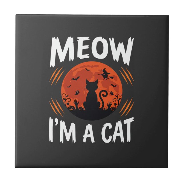 Funny Halloween Cat Moon Silhouette Graphic Tile (Front)
