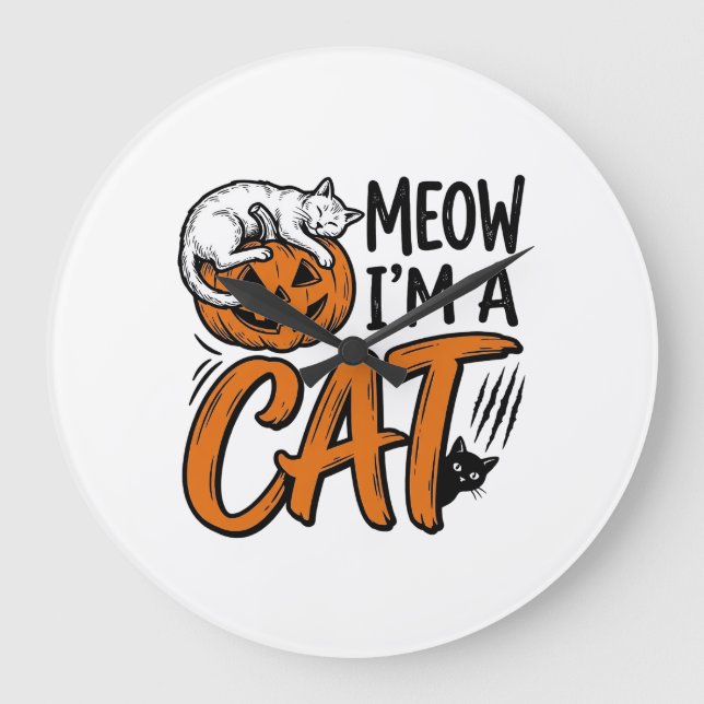 Funny Halloween Cat Pumpkin Typography Shirt Desig Large Clock (Front)