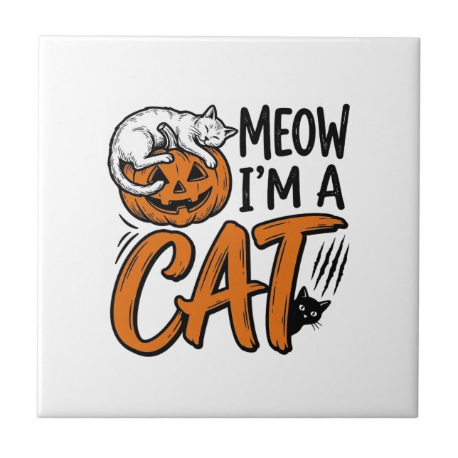 Funny Halloween Cat Pumpkin Typography Shirt Desig Tile (Front)