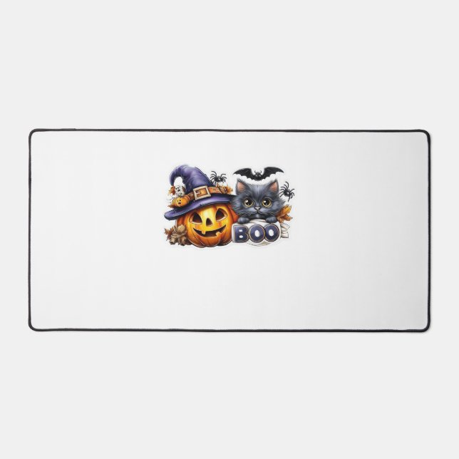 Funny Halloween Cat Sticker – Witch Hat, Pumpkin a Desk Mat (Front)