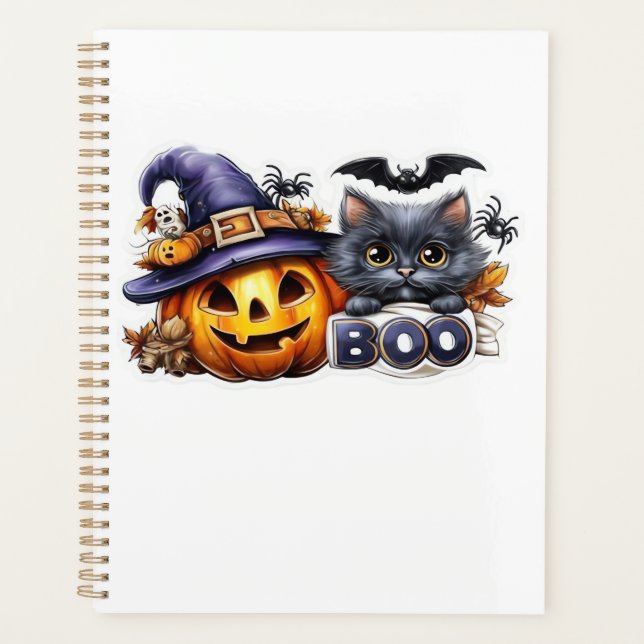 Funny Halloween Cat Sticker  Witch Hat, Pumpkin an Planner (Front)